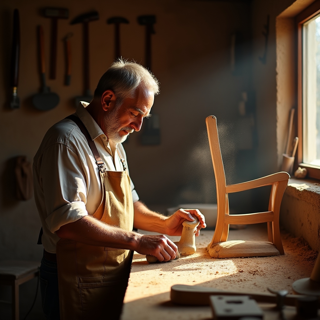 Artigiano italiano al lavoro su un mobile in legno massello in un laboratorio con attrezzi appesi alle pareti