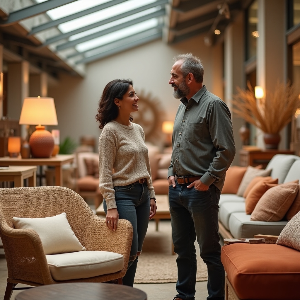 Due persone osservano campioni di sedute e finiture in uno showroom di arredamento