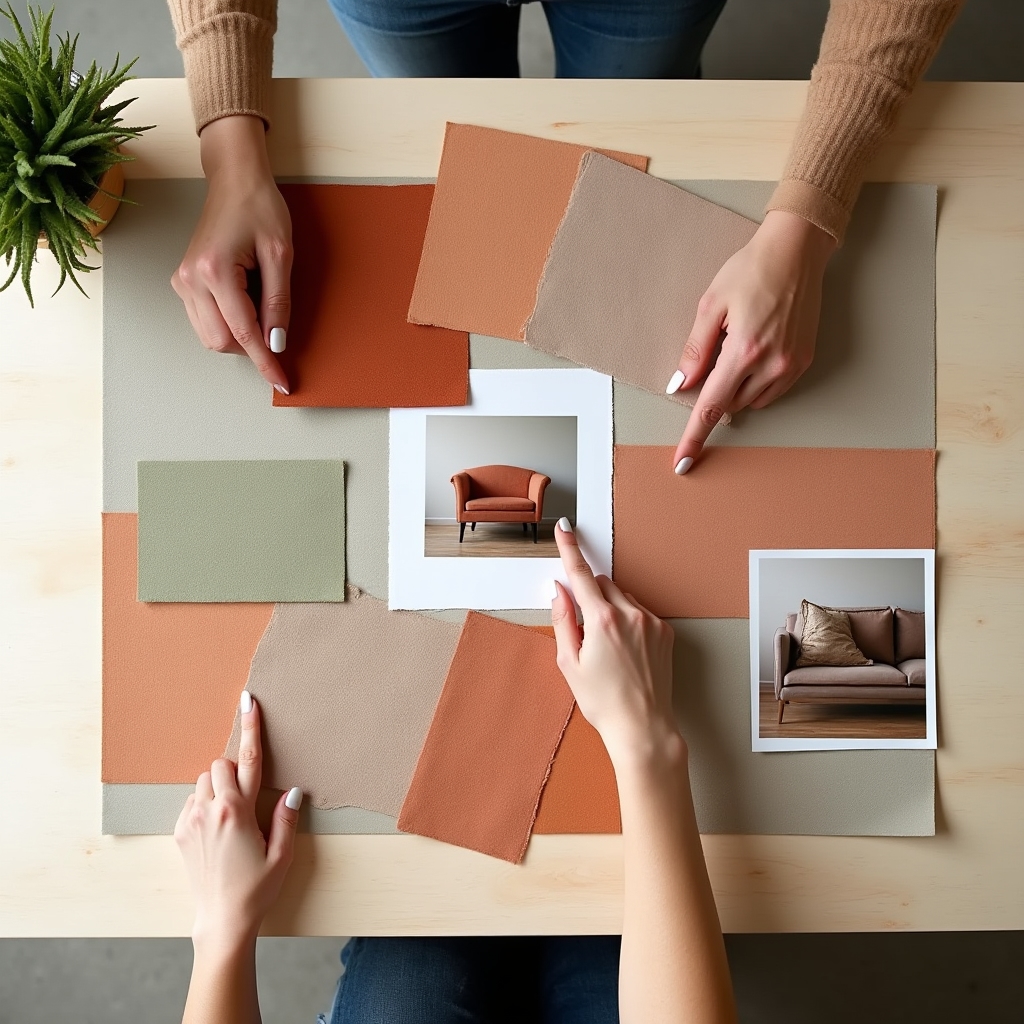 Mood board con campioni di colore, tessuti e fotografie di mobili disposti su un tavolo da studio
