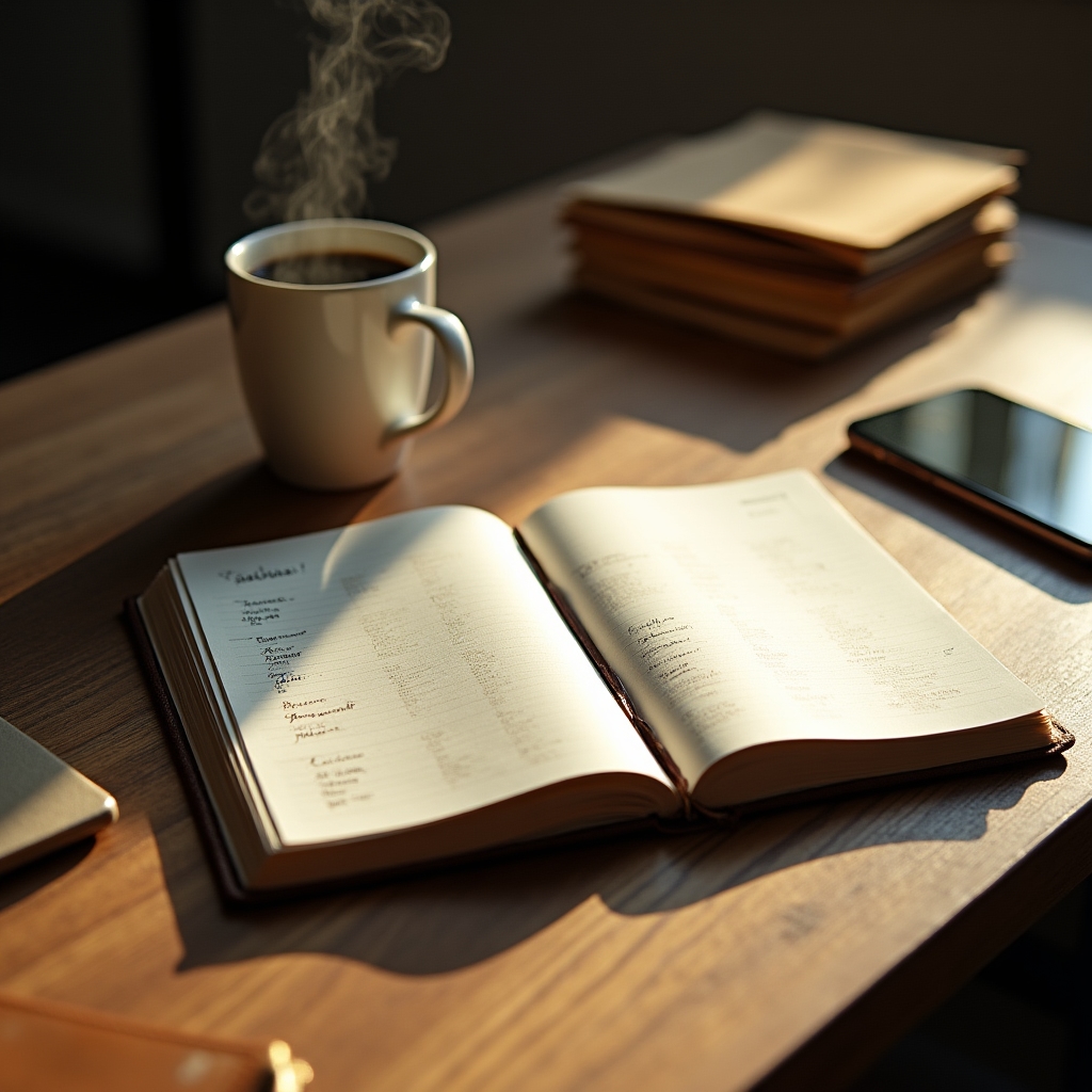 Scrivania con quaderno di appunti, tazza di caffè e campioni di materiali usati per aggiornare le note mensili
